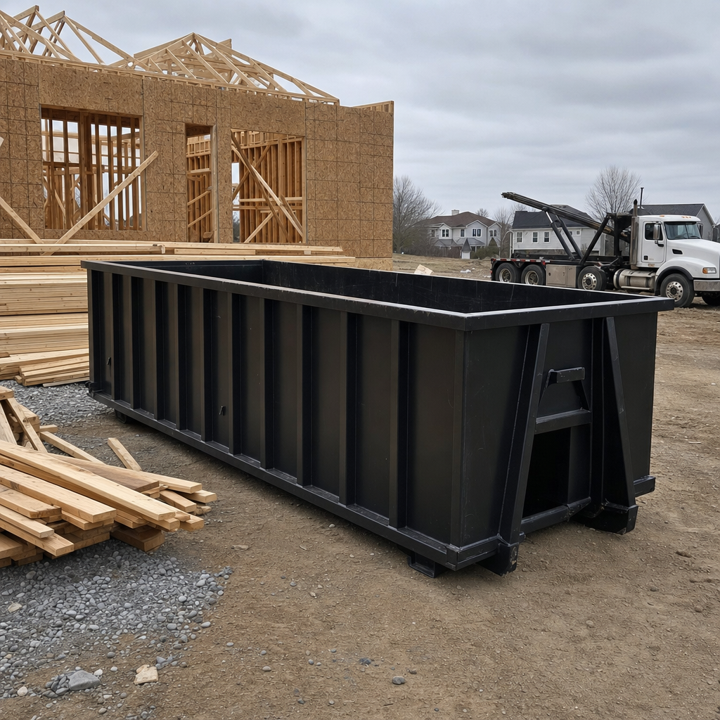Matte-black 40-yard roll-off dumpster staged on a framed-out residential construction site in Saginaw, framing lumber stacked nearby, hooklift delivery truck visible in the background under bright Colorado daylight