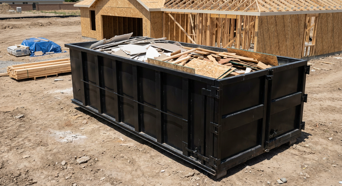 Matte-black 30-yard roll-off construction dumpster sitting directly on the compacted-dirt site of a framed single-family home build in Saginaw, drywall and lumber scrap loaded inside.