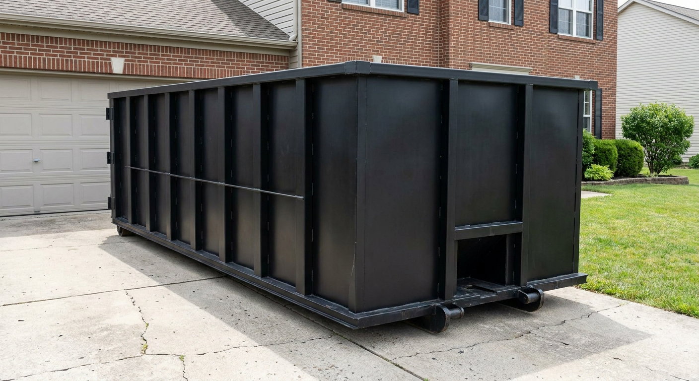 Matte-black 20-yard roll-off container on a Saginaw residential concrete driveway with reinforced ribbed steel sidewalls and a hinged rear walk-in door, clean bright daylight.