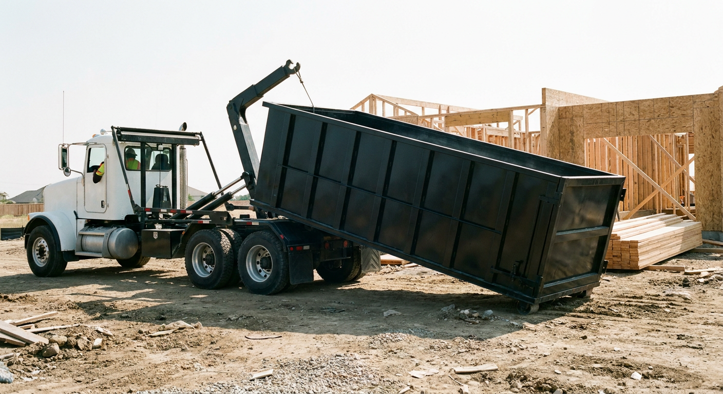 Matte-black roll-off dumpster being delivered onto a clean residential concrete driveway in Saginaw by an unmarked white hooklift hauler truck, bright morning daylight, documentary 35mm perspective.