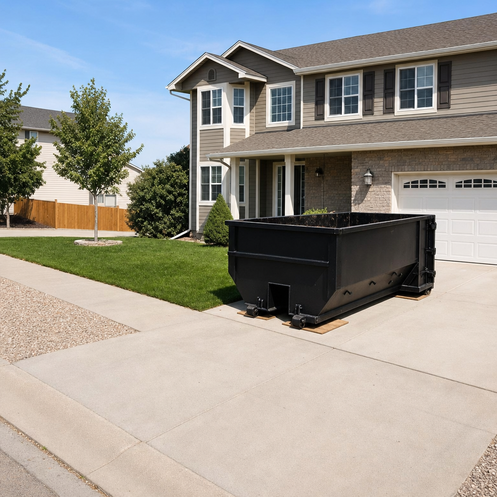10-yard matte-black residential dumpster placed directly on a narrow Saginaw concrete driveway, room remains for a parked sedan beside it, mid-morning natural light