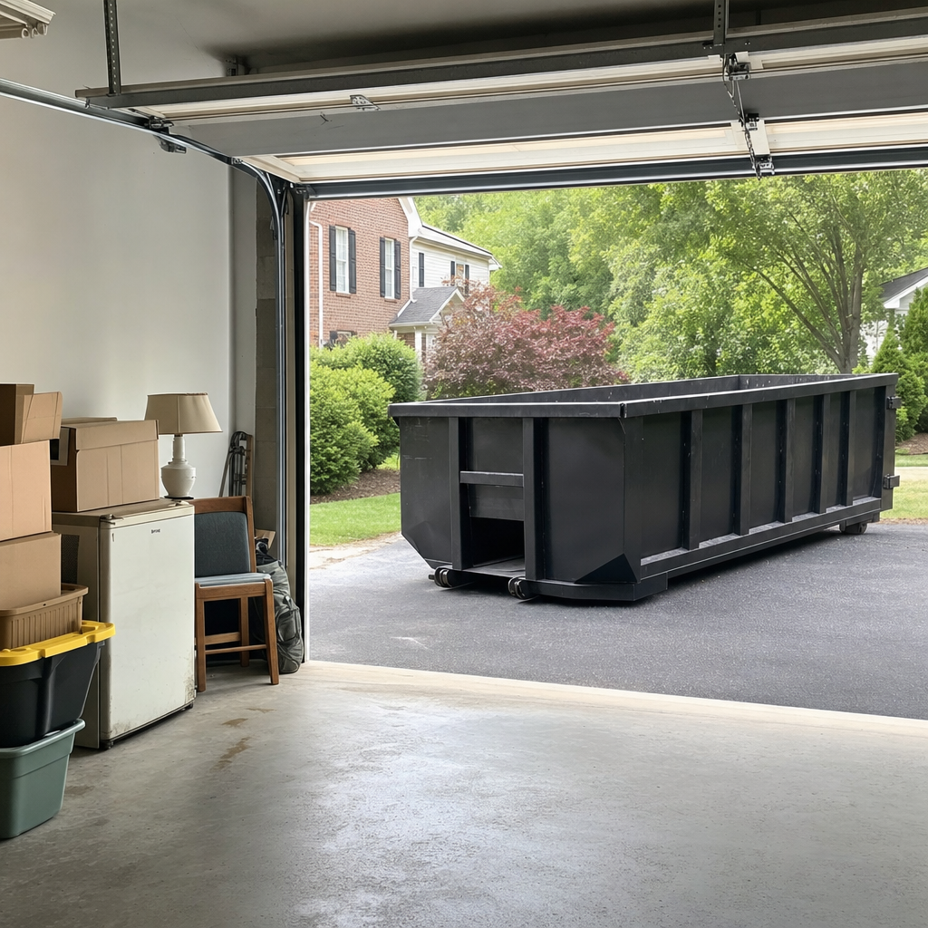 Open garage interior in a Saginaw home mid-cleanout — boxed items, an old appliance, and stacked yard tools queued near the driveway for a matte-black roll-off dumpster, organized and calm