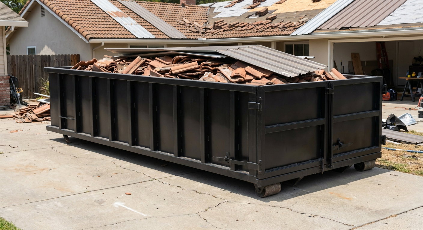 Matte-black low-wall heavy-debris roofing roll-off dumpster sitting directly on a Saginaw concrete driveway, broken concrete clay roof tiles and metal panel sections loaded inside, reinforced ribbed steel side walls visible, bright outdoor daylight.