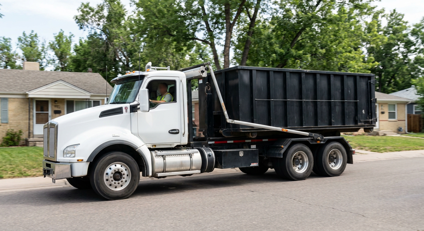 A wide documentary shot of a matte-black roll-off delivery truck pulling onto a quiet Saginaw residential street at mid-morning, with neighborhood rooftops and tree-lined blocks visible behind, showing the metro coverage footprint.