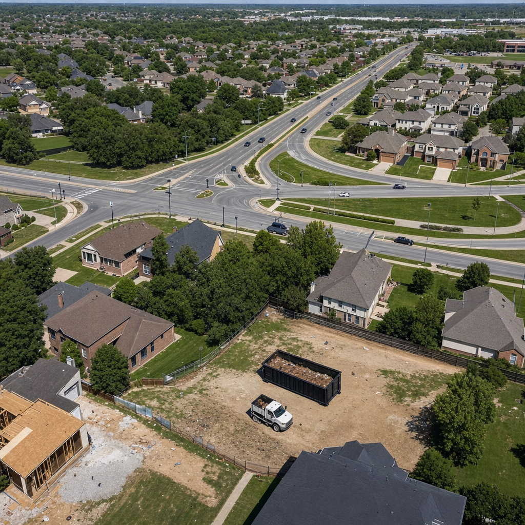 An overhead documentary view of the Saginaw metro area at midday, showing the spread of neighborhoods, arterial roads, and the dispatch radius from a central yard — clean daylight, organized geographic layout.